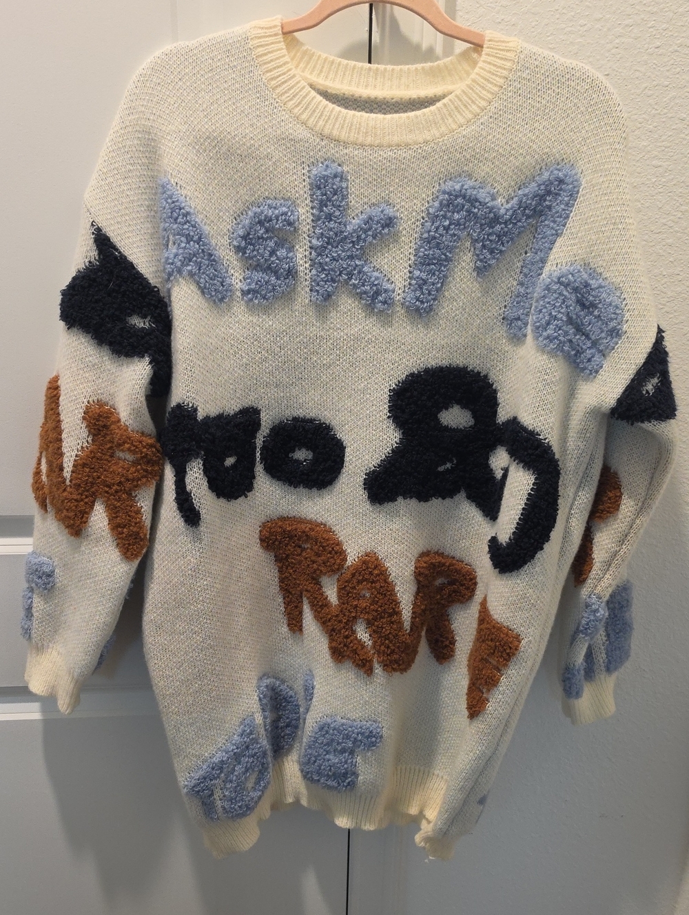 Cream Crewneck Sweater with Blue, Black and Brown Textured Motif